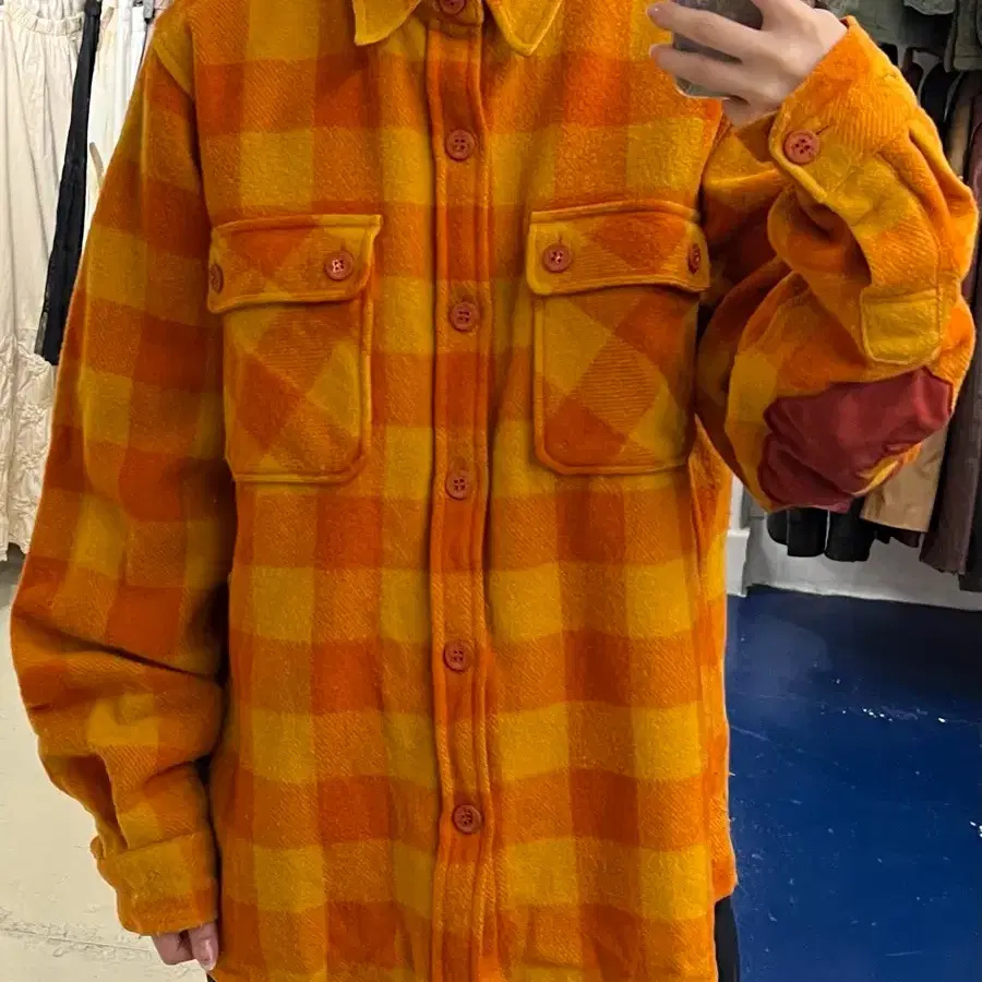 1990s BAPE 베이프 니고 오렌지 체크 사루 엘보우패치 울 셔츠