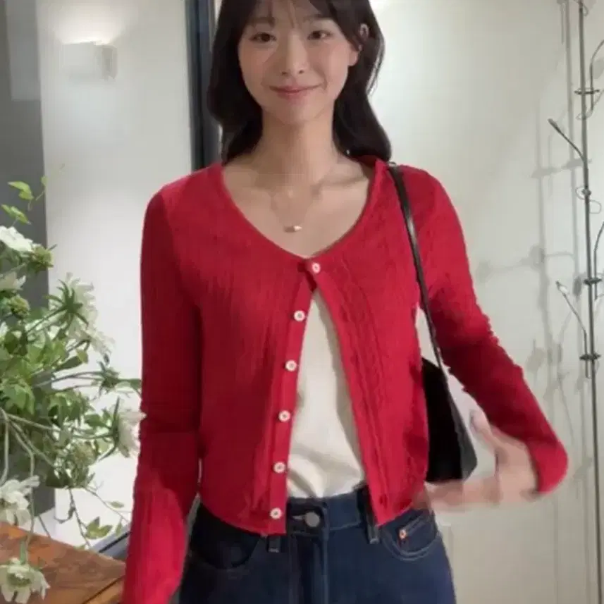 [새상품/택o]포유온 멜리 크로쉐 가디건 베리 레드 S사이즈