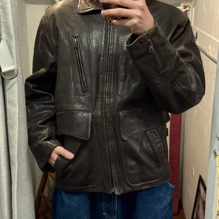 80s 빈티지 파일럿 플라이트 리얼 레더 봄버 자켓 브라운
