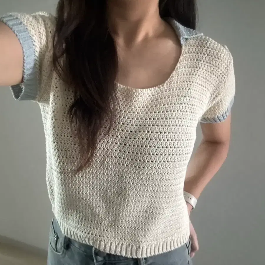 <새상품*무배> 투웰브 카라 배색 니트 반팔