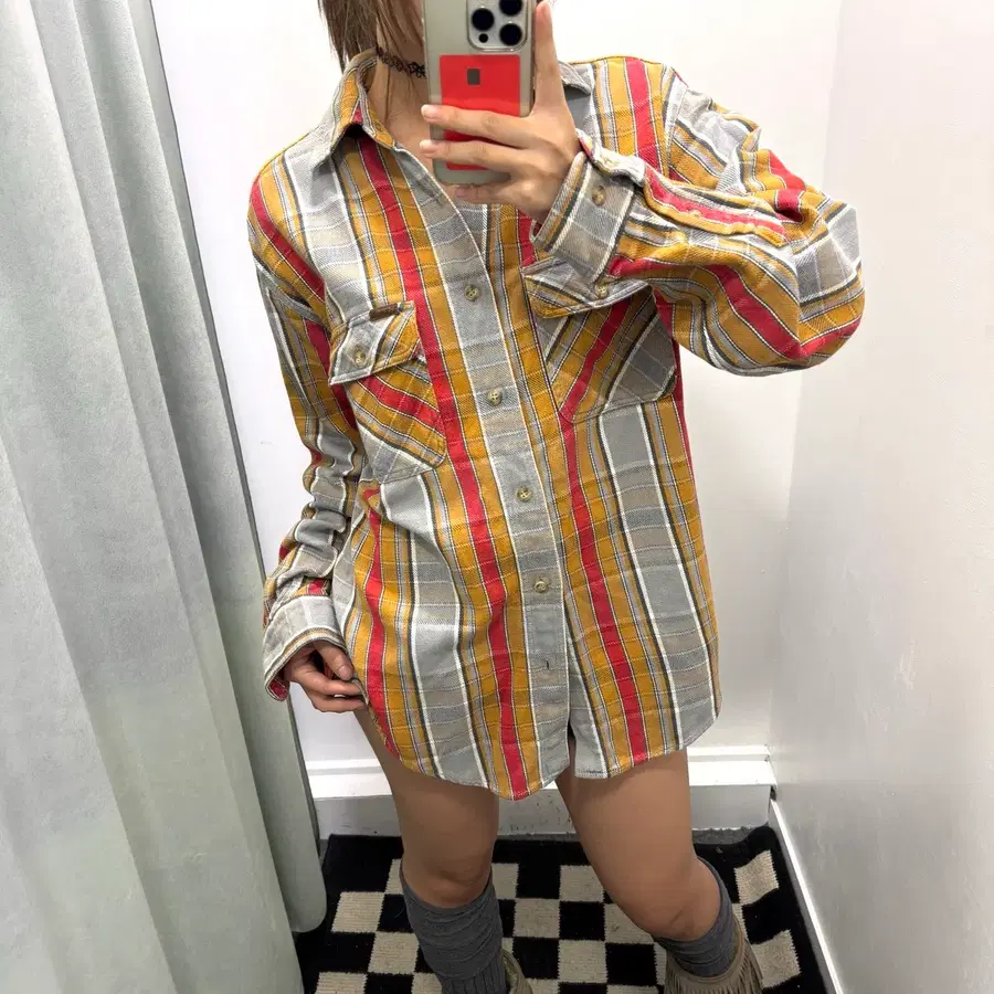 칼하트 그레이 레드 체크 코튼셔츠