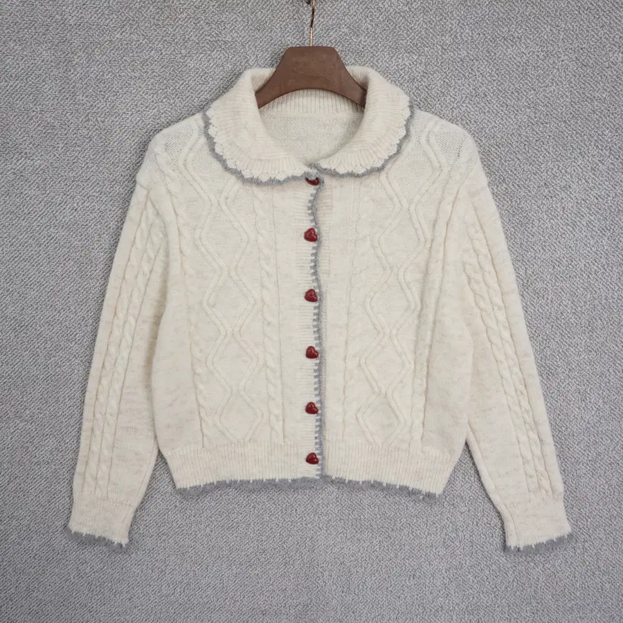 여성 물결카라 하트단추 폭닥 니트 가디건 77-88size