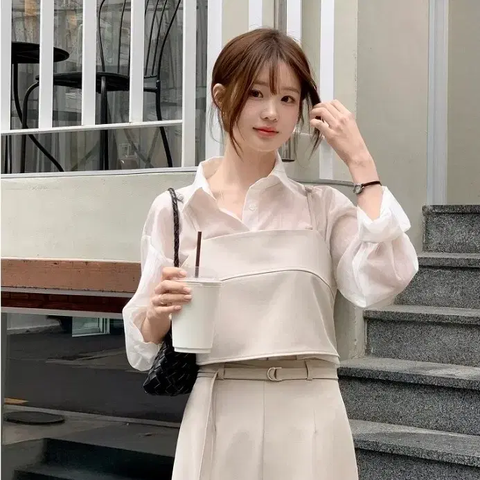 새상품 아뜨랑스 크롭 뷔스티에 롱스커트 투피스 + 셔츠세트