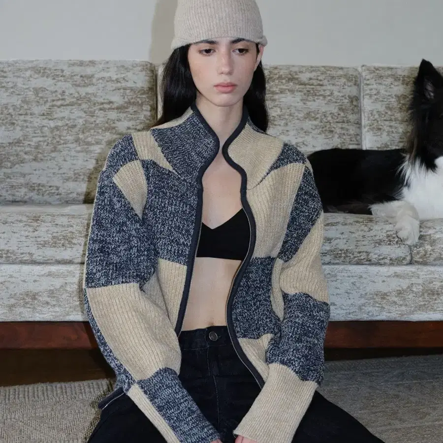 엔오르 COLOR BLOCK ZIPUP KNIT - YELLOW