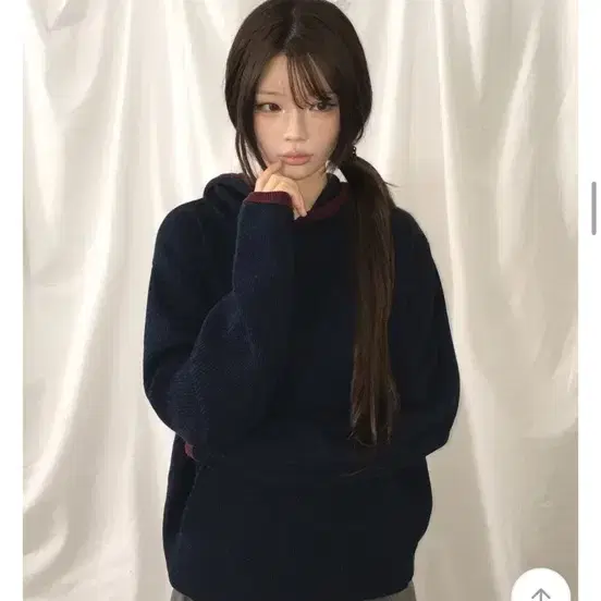 배색 니트 후드티