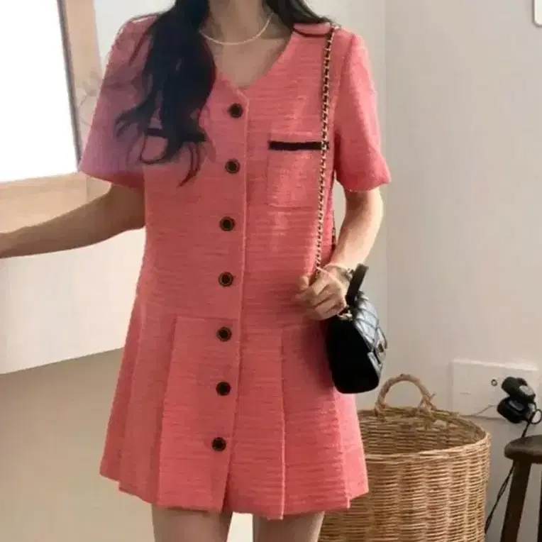 메리온 핑크 트위드 반팔원피스