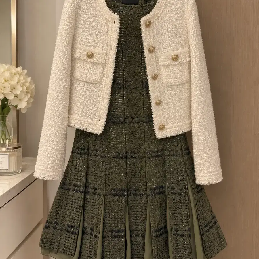질스튜어트 JILLSTUART 울 알파카 트위드 원피스 2 카키 실크배색