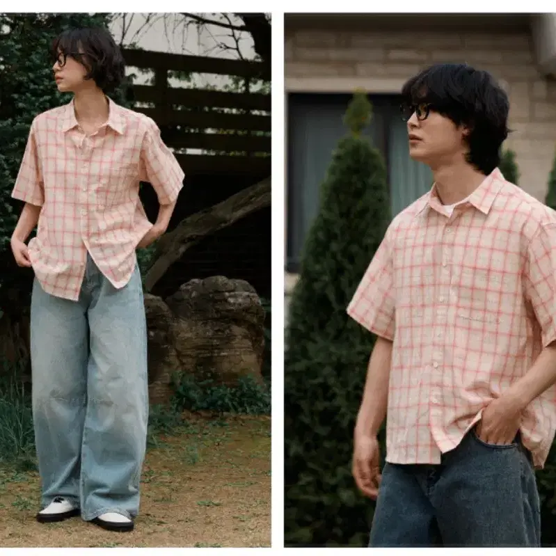(새상품)컨셉타이드 체크반팔셔츠 L