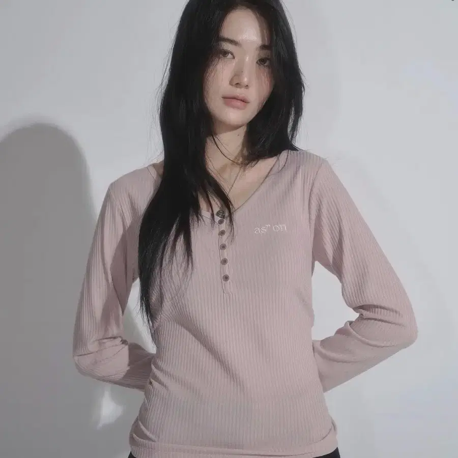 애즈온 WISH RIBBED BUTTON TEE / PINK