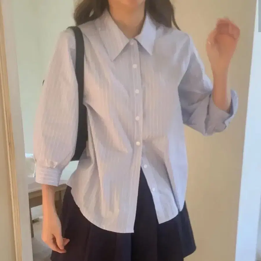 블루 스트라이프 퍼프 블라우스 7부 봄가을