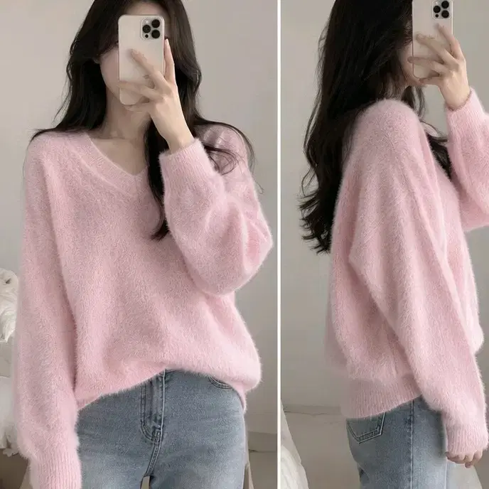모헤어 헤어리 브이넥 오버핏 니트 형광 베이비핑크색