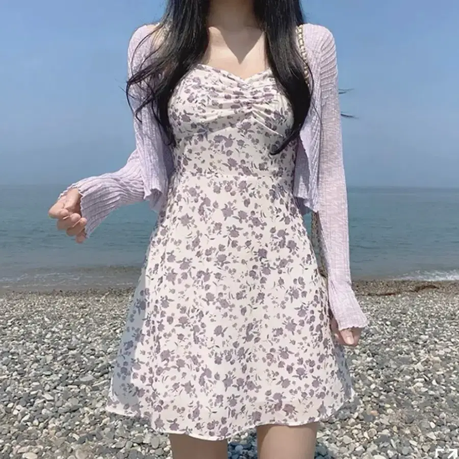 (중고)라벤더 플라워 투피스(가디건+원피스set)