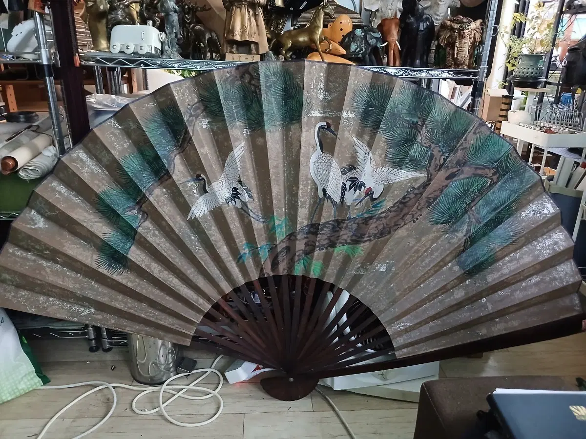 대형 접이식 부채 학 그림