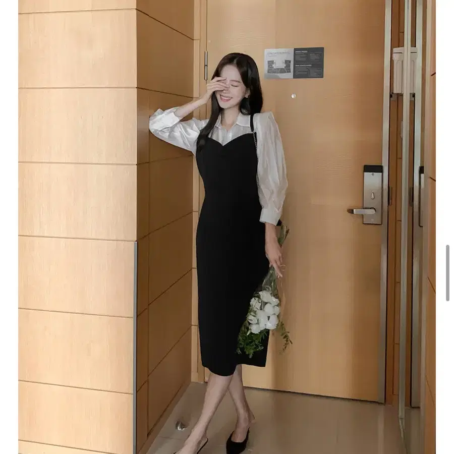 달리호텔 제작 로에드 배색 셔츠 콤비 H라인 미디 원피스