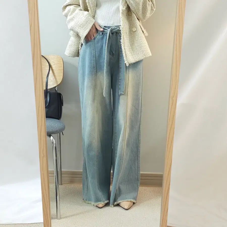 (M~L)여성 벨트 빈티지 와이드 데님 청바지 F13W5149