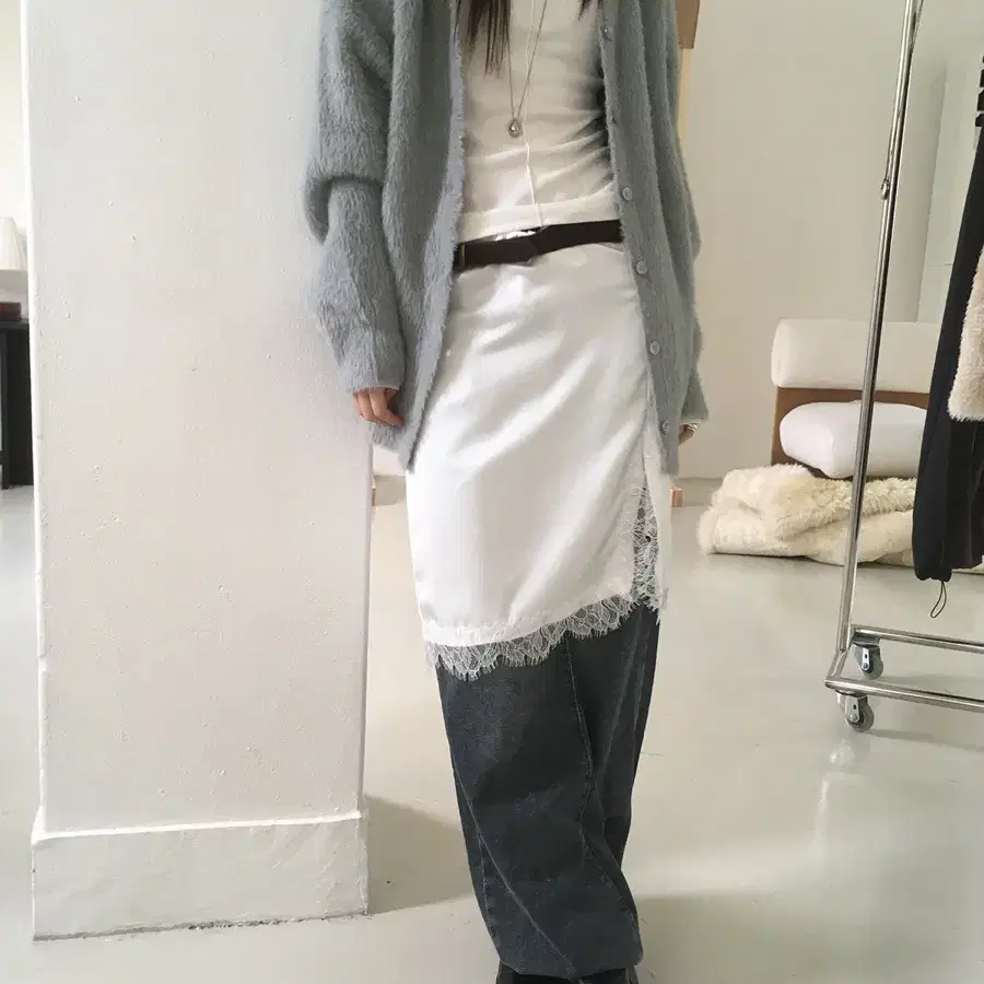 미엔느 퍼 가디건 실버블루