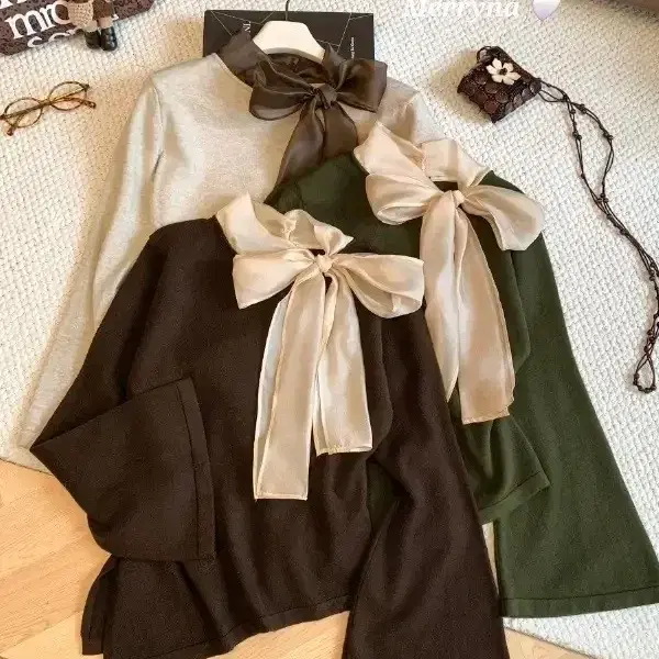 배색 실크 리본 뒷트임 진주 언발 니트 3color