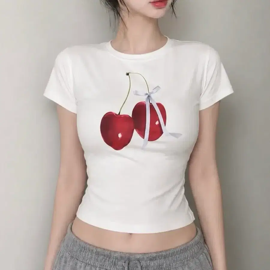 체리 리본 프린팅 유넥 슬림핏 말라핏 데일리 반팔