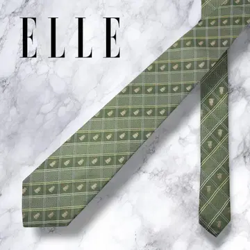 [컨디션 최상] ELLE HOMME 엘르 넥타이 그린 체크 무늬 고급 실크