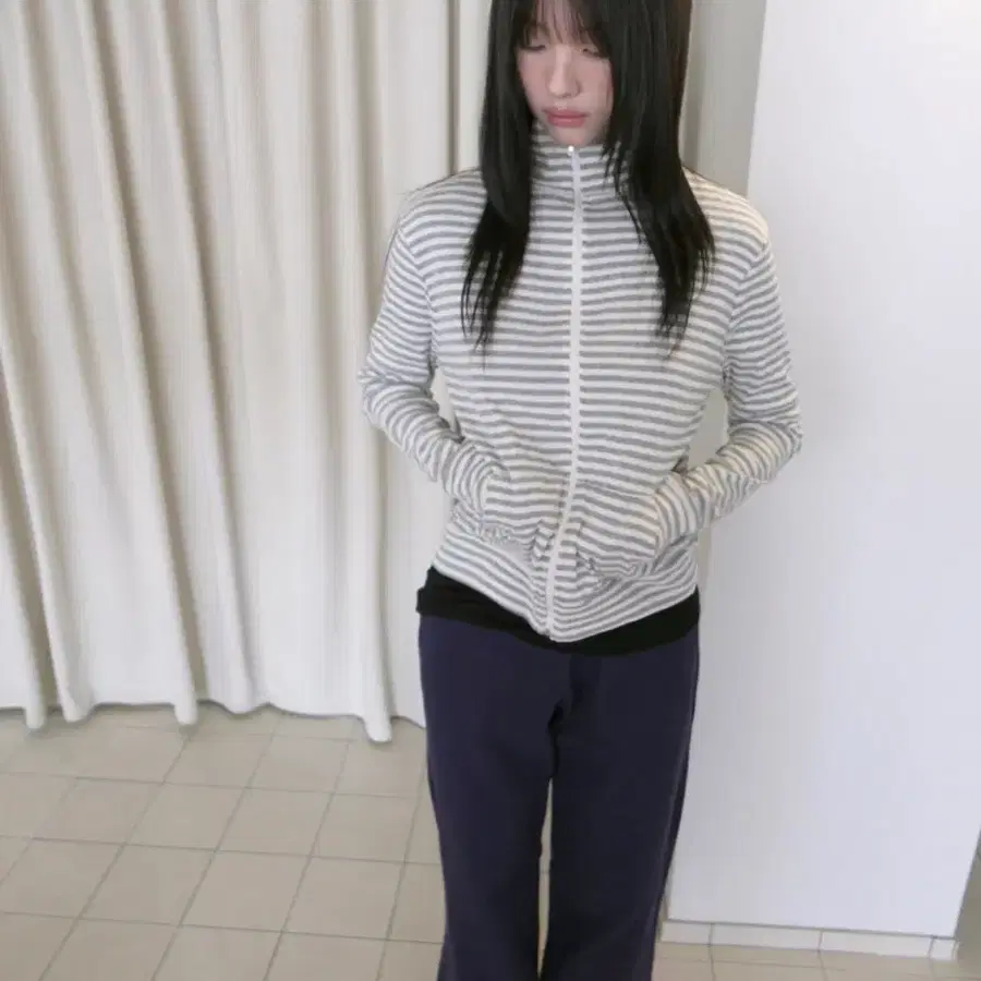베이비랩 스트라이프 집업 그레이