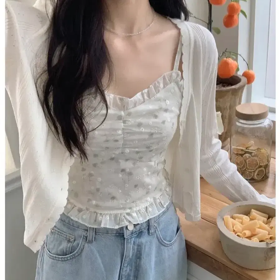 꽃무늬 셔링 크롭 가디건 세트