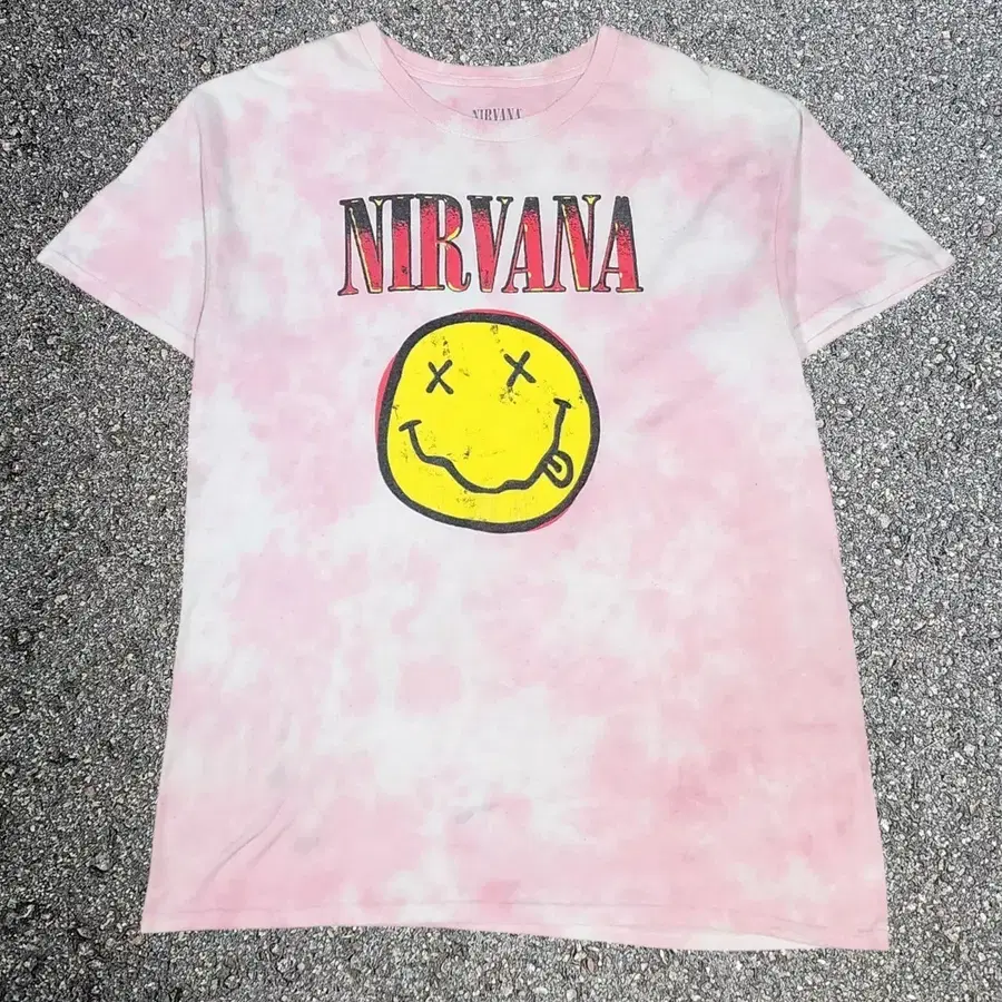 너바나 Nirvana 오피셜 핑크 타이다이 스마일 밴드 티셔츠 L
