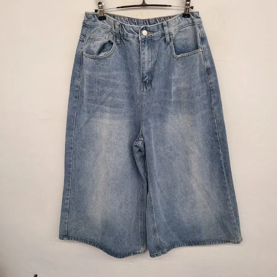 [여성77 size] 뒷밴딩 워싱 와이드 10부 데님 팬츠 청바지