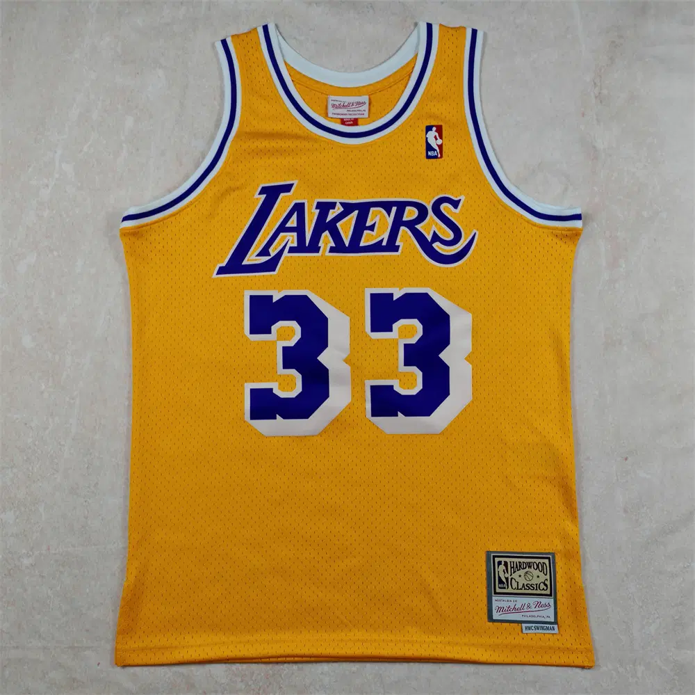 NBA 레이커스 ABDUL JABBAR 33번 Mitchell&Ness 하드우드 클래식 골드 빈티지 농구 유니폼 남녀공용 저지