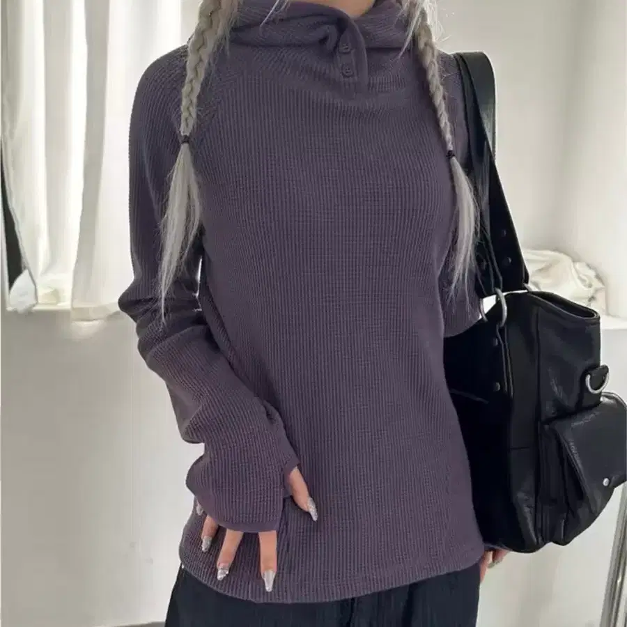 와플 헨리넥 후드티 퍼플 / 데일리 캐주얼 러블리 빈티지 유니크 y2k