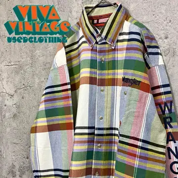 레어 90s [ 구제 의류 ] 랭글러 체크 셔츠 화이트 남성용 XL