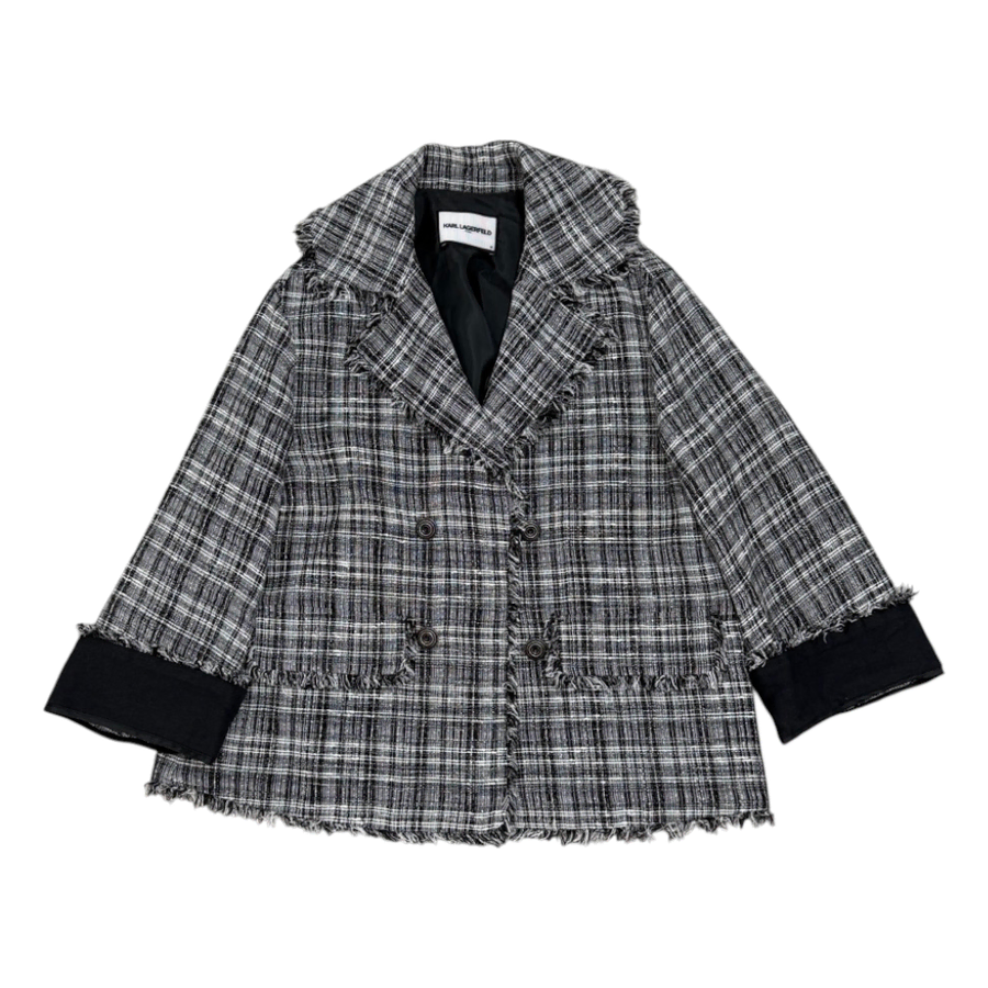칼라거펠트 KARL LAGERFELD 블랙 체크 프린지 트위드 자켓 55