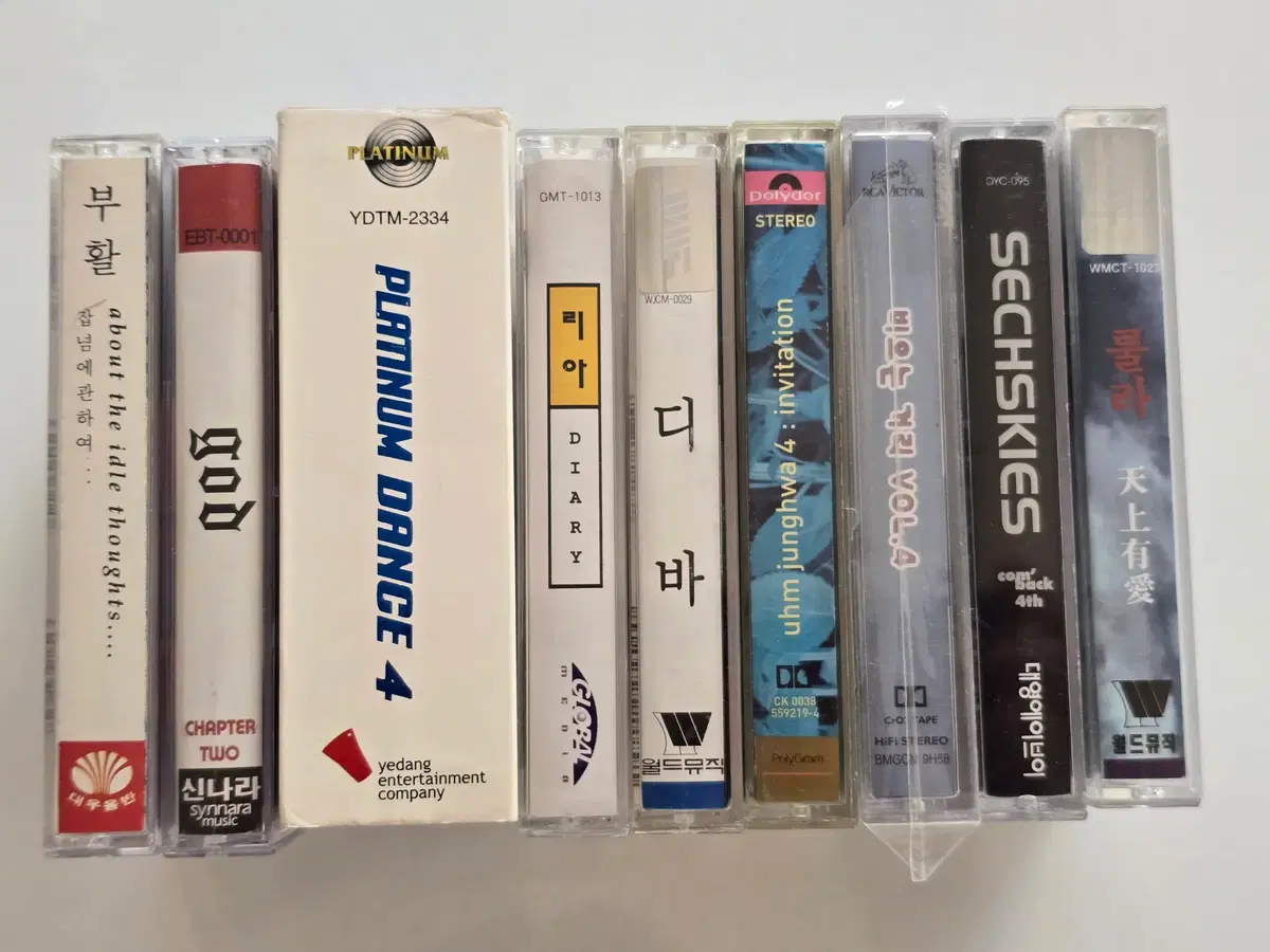 19 부활, god, 플래티넘 댄스 4(2개), 리아, 디바, 엄정화, 옴니버스 (비오는 거리 Vol.4), 젝스키스, 룰라 개봉 카세트테이프 총 9개 일괄판매