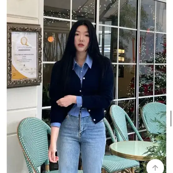 턴힙 미트리 울 가디건 프리 네이비 브이넥 베이직 데일리 세미크롭 시보리