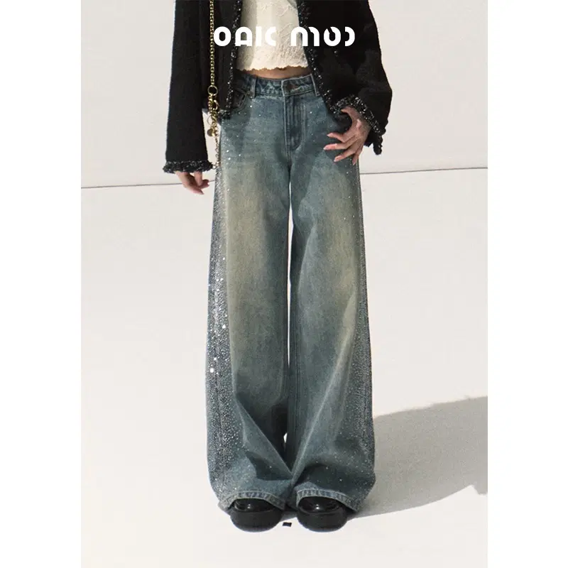 OAKMOO 오크무 라인스톤 헤비 워싱 와이드 진