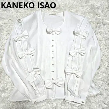 카네코 이사오 리본 펄 버튼 피코프릴 블라우스 화이트