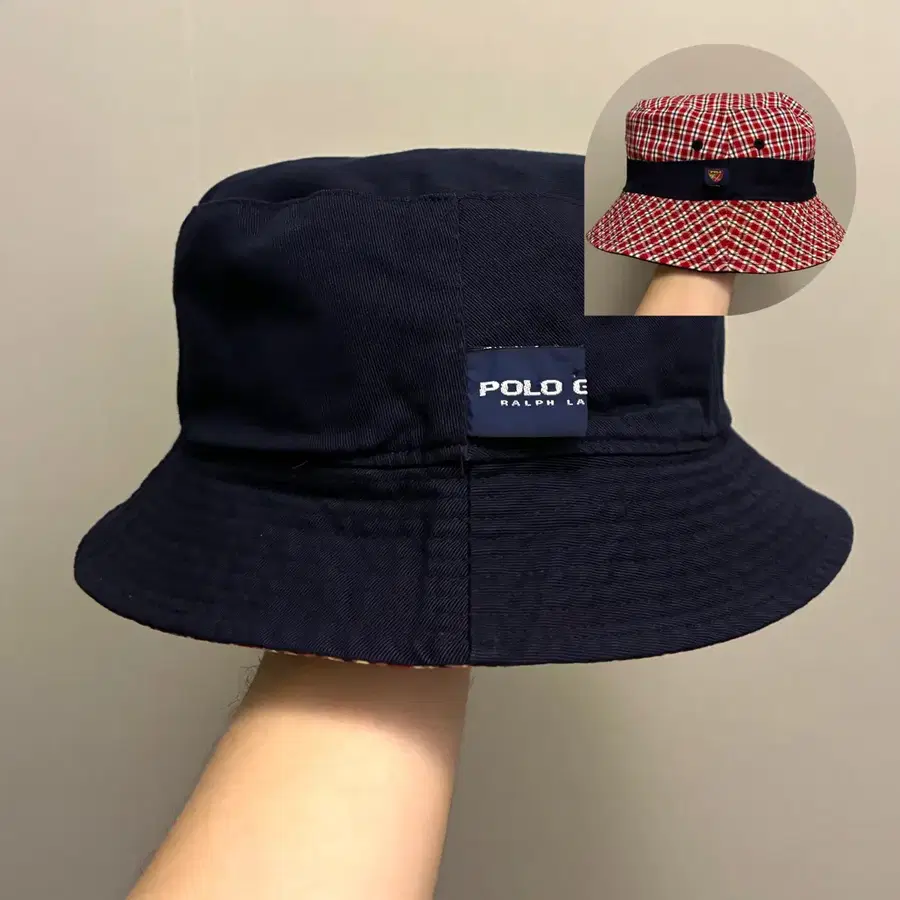 (M~L)90s 폴로 골프 네이비 타탄체크 리버시블 버킷햇 벙거지모자