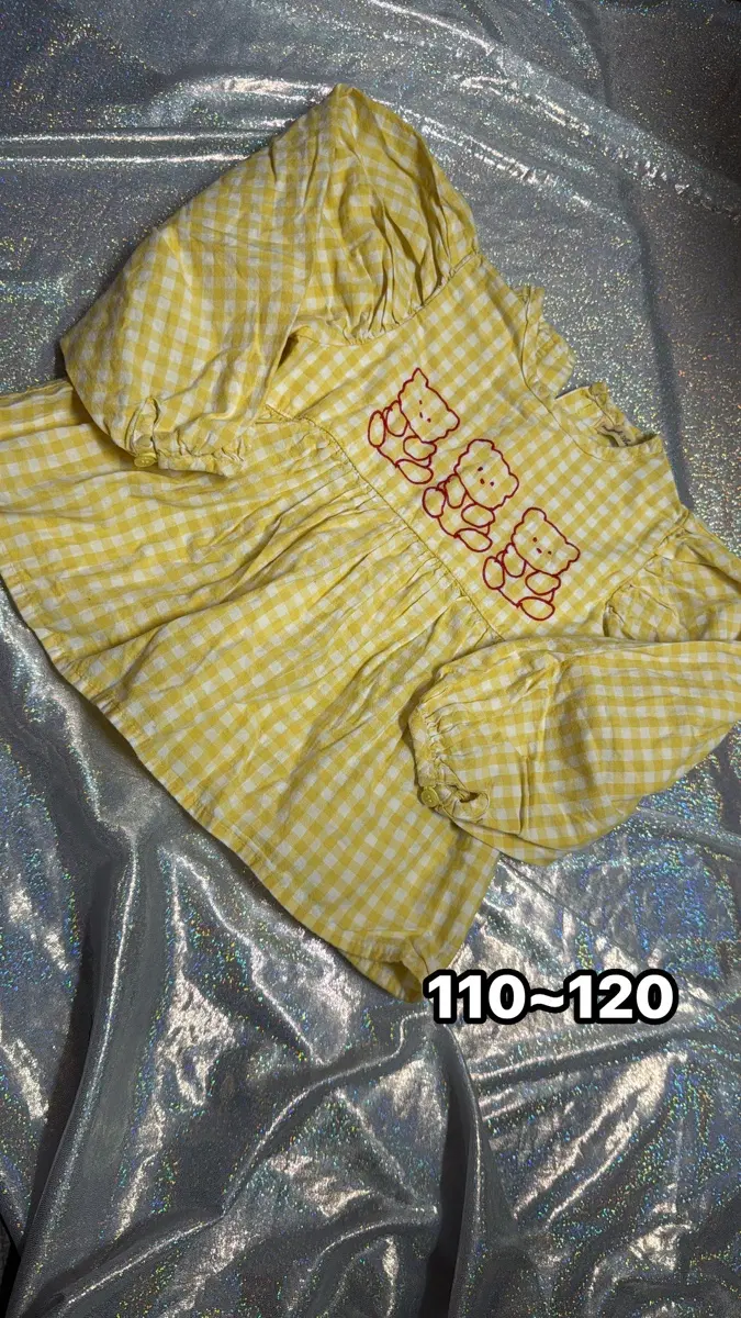 아기옷)곰인형 자수 체크 블라우스 노란색 110~120
