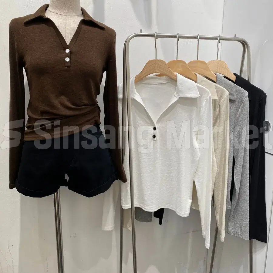 [빠른발송] 리턴버튼카라T 가을 긴팔티 배색버튼 브이넥 무지 캐주얼 데일