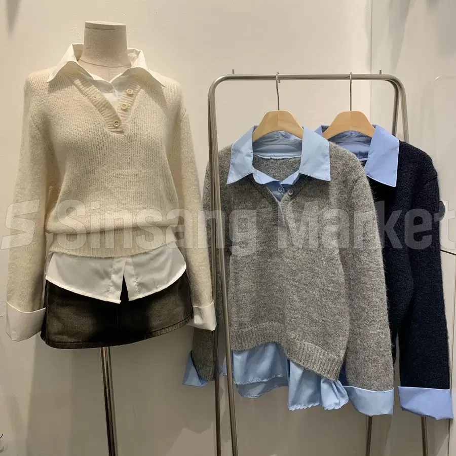 [빠른발송] 버피레이어드NT 일체형 페이크 셔츠니트 기본핏 버튼 브이넥