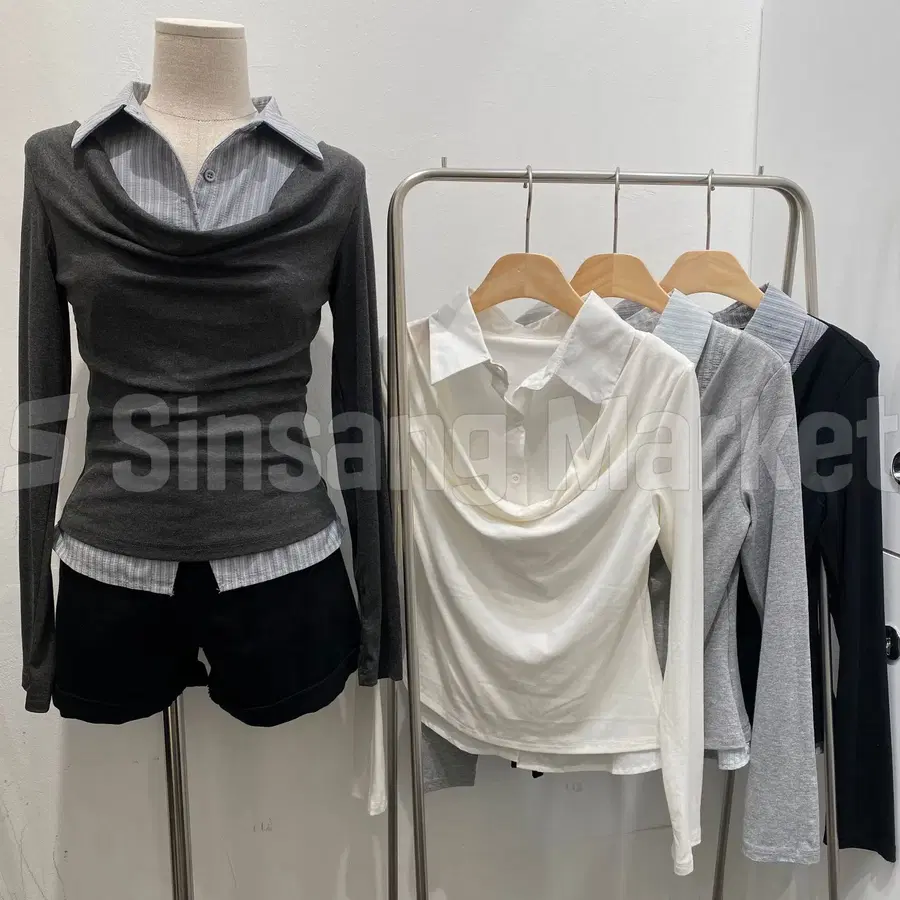 [빠른발송] 오스로드레이프셔링SH 일체형 셔츠 긴팔티 배색카라 슬림핏 레