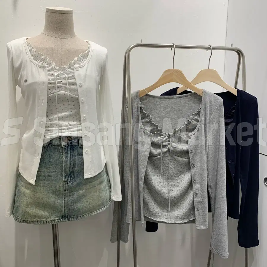 [빠른발송] 리나플라워y 일체형 레이어드 브이넥 프릴 리본데일리 가디건