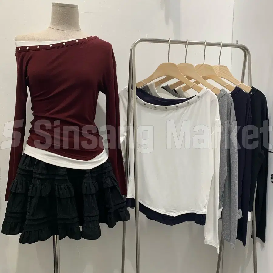 [빠른발송] 루시드찡오프T 배색 레이어드 오프숄더 언발 포인트 긴팔티