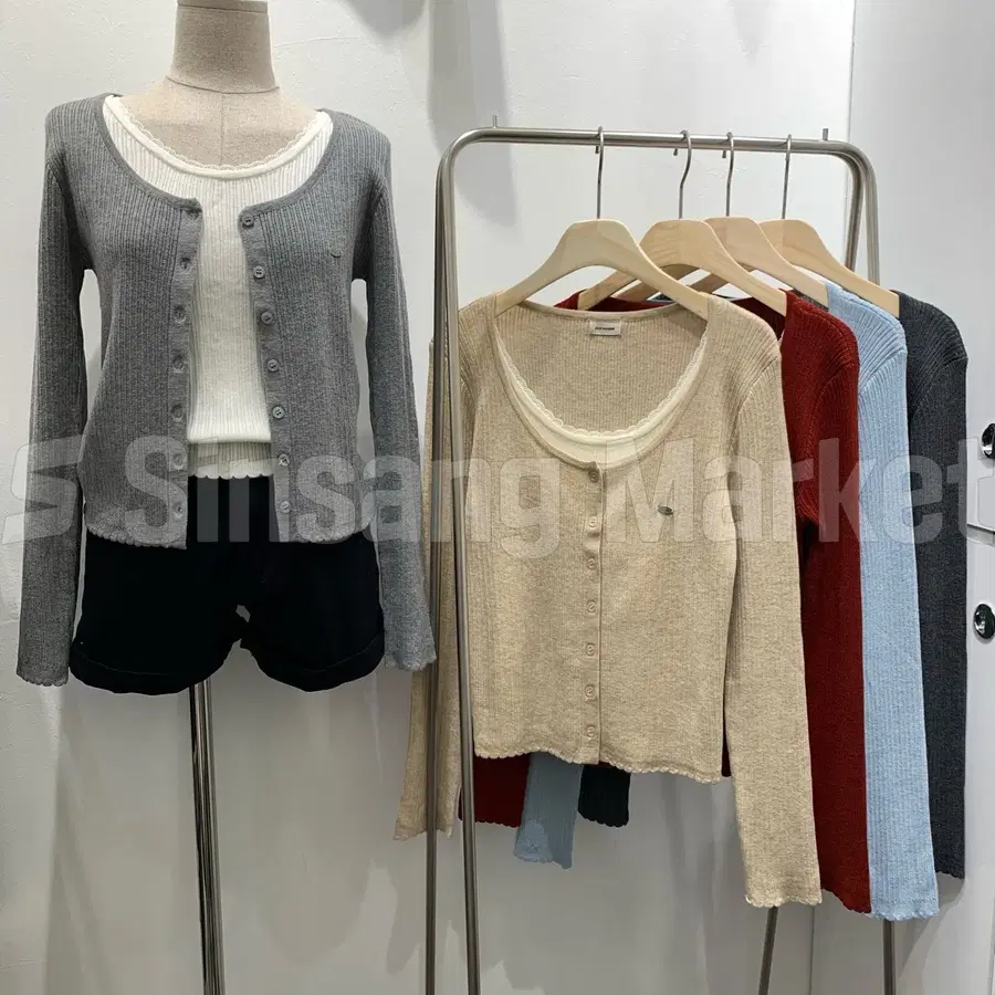[빠른발송] 일렌물결배색NT 데일리 니트 레이어드 레이스 일체형