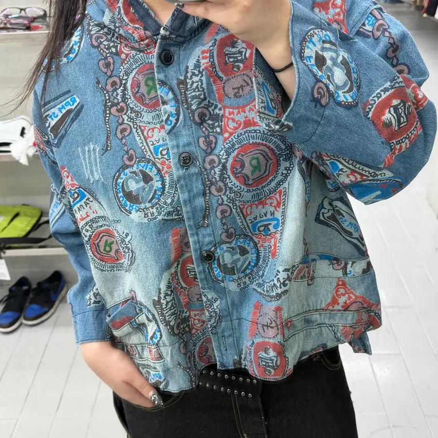 (2XL) 빈티지 크롭 그래픽 패턴 인디고 워싱 데님 후드 자켓