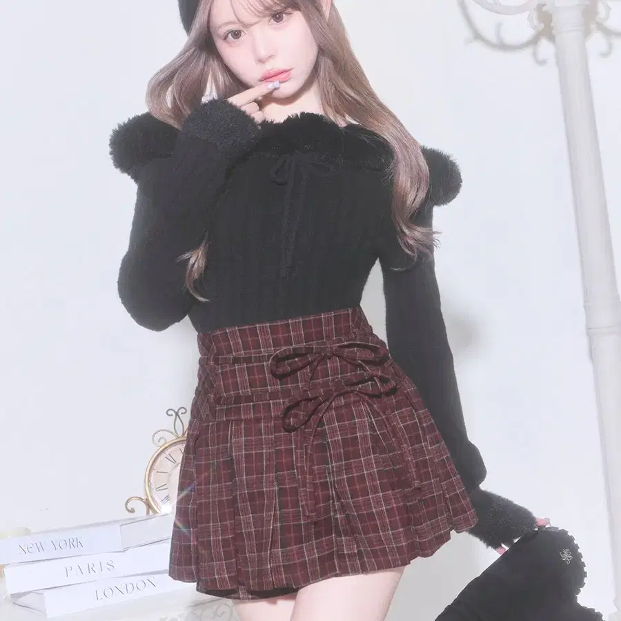 미셸마카롱 더블 리본 체크 플리츠 스커트 팬츠