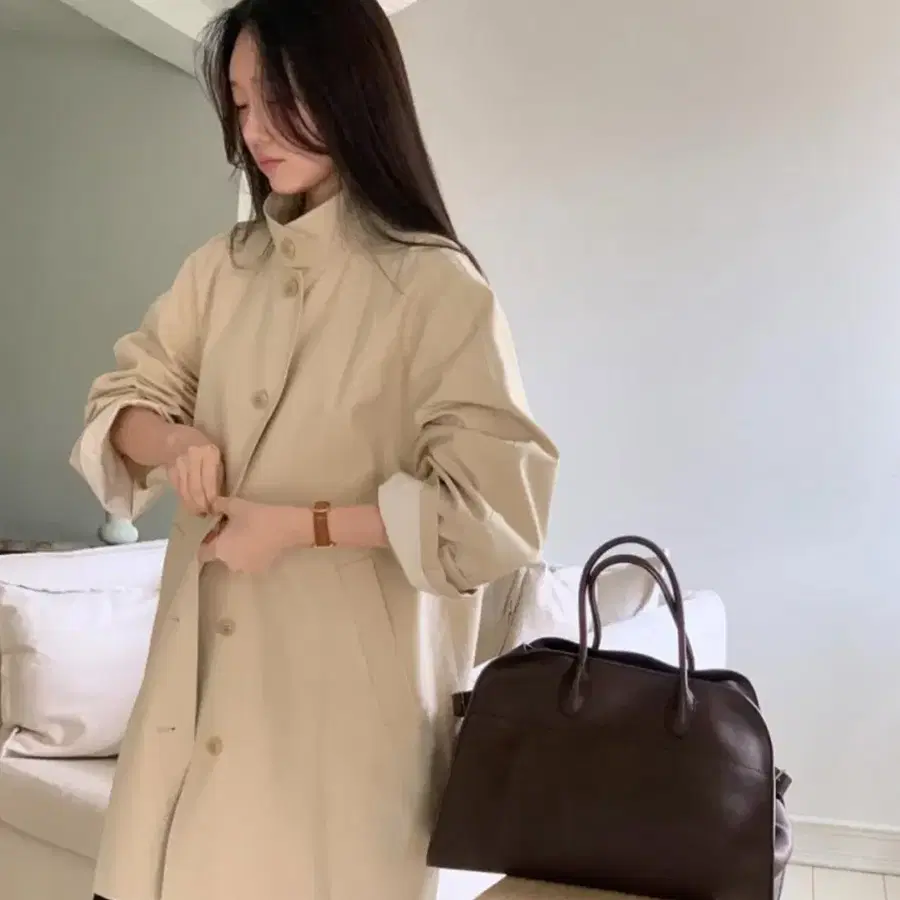 진심 메일 하이넥 하프 레글런 싱글 트렌치 코트 jinsim
