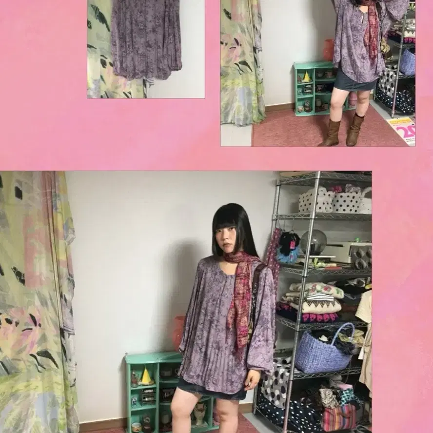 빈티지 라벤더 플리츠 블라우스