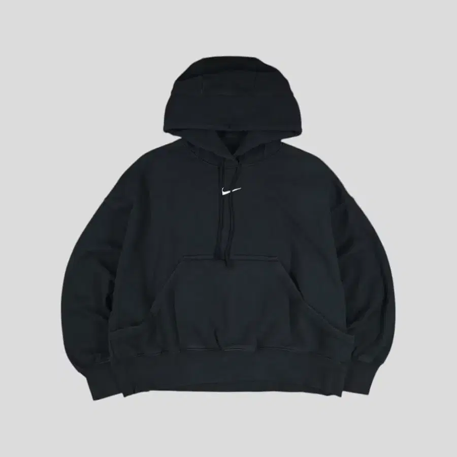 나이키 피그먼트 블랙 화이트 스우시로고 빅 캥거루포켓 크롭 코튼블렌드 젠더리스 후드 티셔츠 L