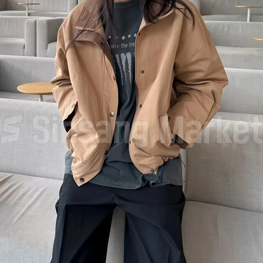 [빠른발송] 키위 배색 점퍼 자켓 배색 스트링 집업 루즈핏 베이직 가을