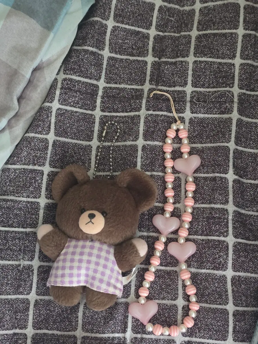 고전 재키 곰인형 키링 + 하트 비즈 스트랩 일괄